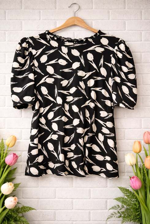 BYdesign Tops - BYdesign Black and White Tulip Print Ruffle Neck Puff Sleeve Blouse
